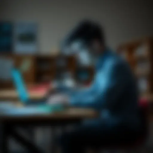 A student interacts with AI software on a laptop in a classroom setting, surrounded by textbooks and notes