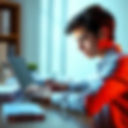A student focused on writing an essay at a desk with books and papers around them