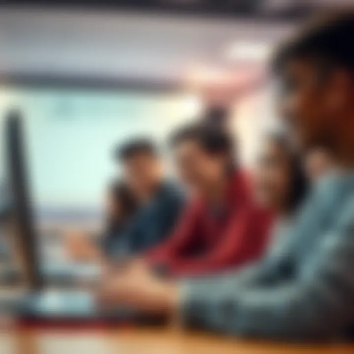 A diverse group of students engaged with an AI tutoring system, showing enthusiasm and focus while learning together in a classroom setting.