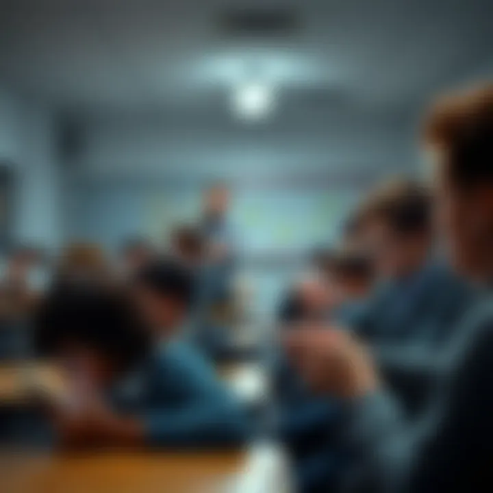 A classroom scene showing students engaged with digital devices while a teacher observes