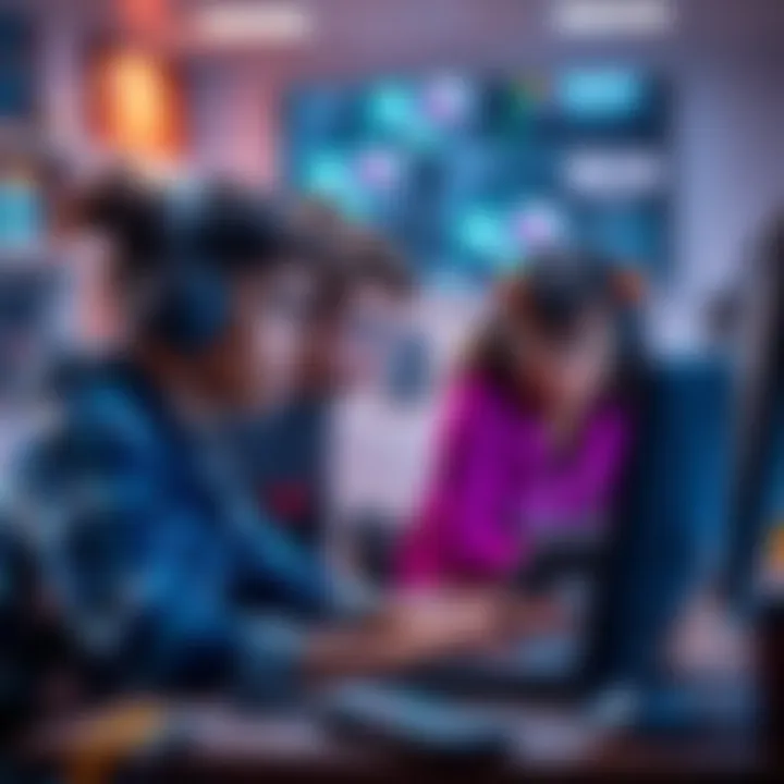 High school students working on artificial intelligence projects, using computers and discussing ideas.