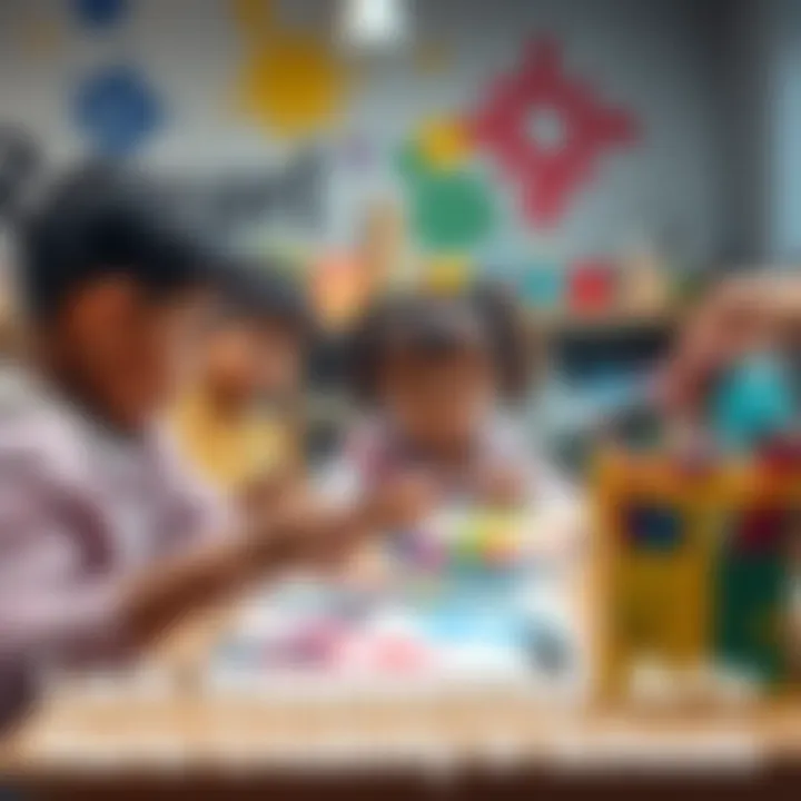 A group of children engaging in a colorful art class, sharing supplies and painting together, showcasing their creativity.