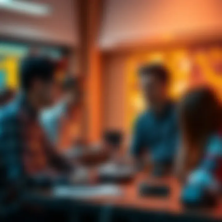 Students learning about AI College students engaged in an AI class discussion with a teacher and technology displays