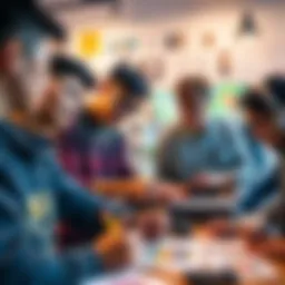 A group of students collaborates on a colorful game design project, showcasing their creative ideas on paper and digital screens.