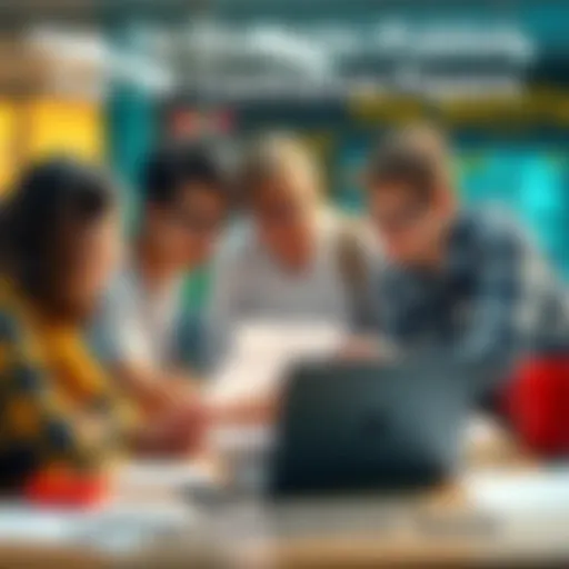 A group of undergraduate students working together around a laptop, discussing research papers and conference submissions, with papers and laptops visible on the table.