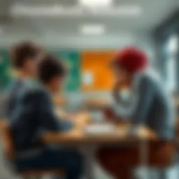 A group of students sitting around a table, talking about their preference for textbooks over Chromebooks in a classroom setting.