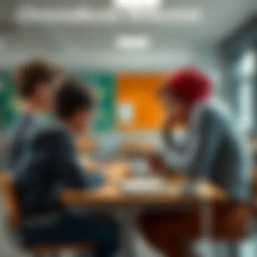 A group of students sitting around a table, talking about their preference for textbooks over Chromebooks in a classroom setting.