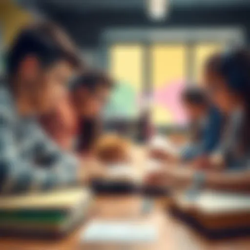 Group of students studying together with books on a table, focusing on their work without any technology in sight