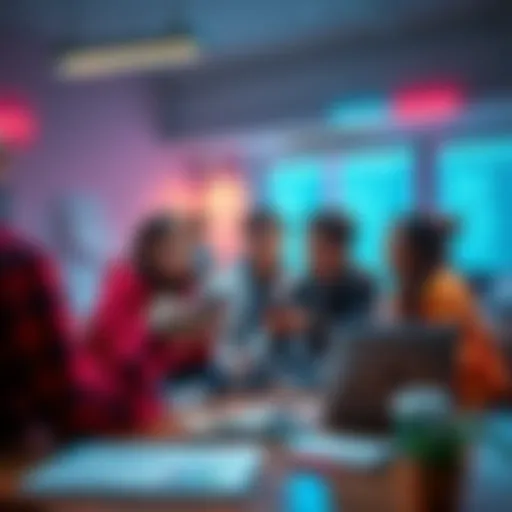 A group of students discussing and collaborating with AI technology in a study environment.