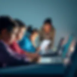 A group of students engaged in using laptops and tablets, focusing on AI tools for their assignments, with a parent observing in the background.