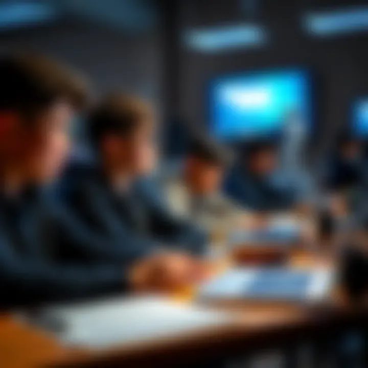 A group of students sitting at desks, looking at laptops with AI chatbots on screen, looking concerned about their learning.