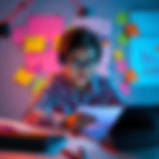 A student using AI tools to study lecture slides, surrounded by colorful notes and digital tablets.