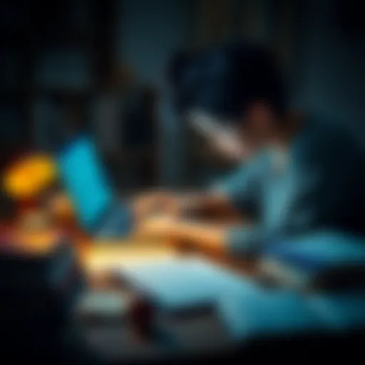 A person using a laptop to study with a language learning model, surrounded by books and notes, illustrating the effectiveness of technology in education.