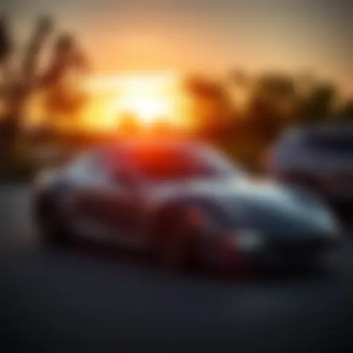 A Porsche 911 parked at sunset, showcasing its sleek design with dramatic lighting angles.