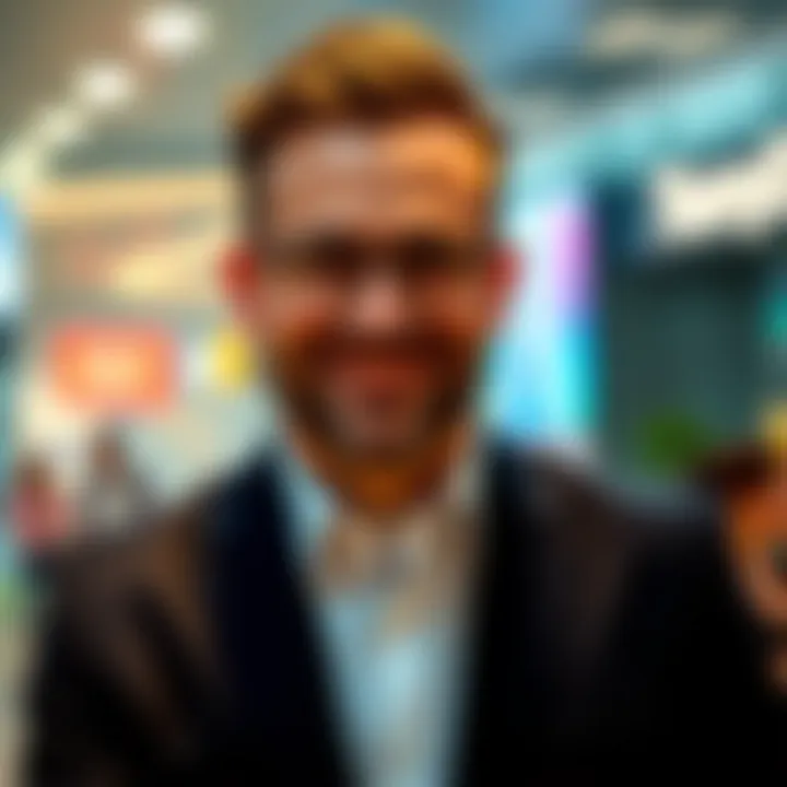 A well-groomed ad man wearing a sharp suit, smiling confidently at the camera, with a bright backdrop that suggests a marketing setting.