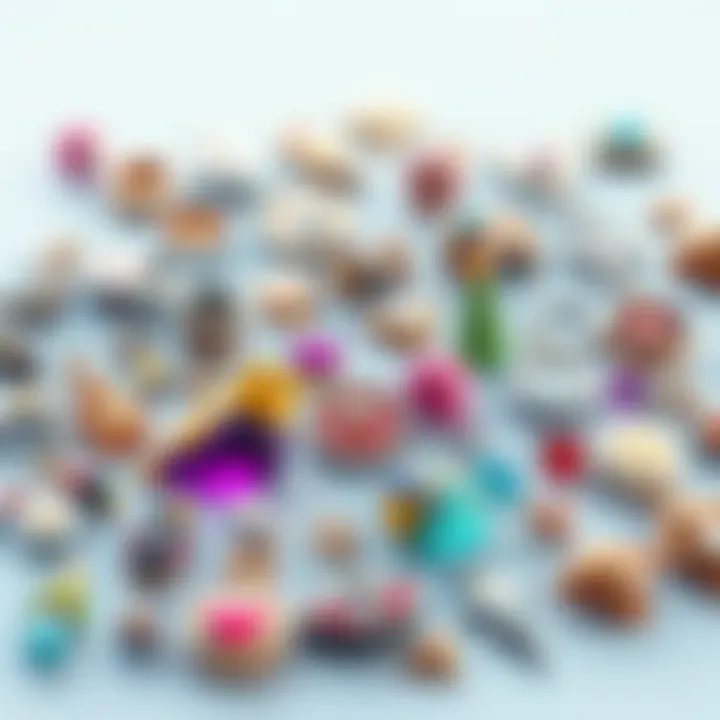 Stylish Charms Collection A vibrant display of 20 unique charms arranged in an appealing way, showcasing various styles and designs for personal accessories.