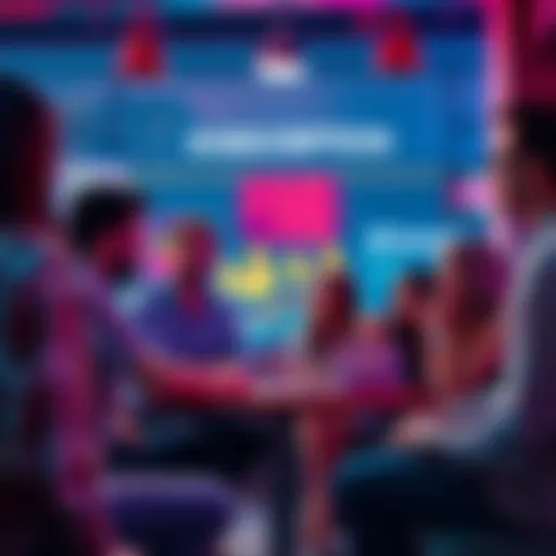 A group of people discussing a proposal for a monthly subscription service on models in a casual setting.