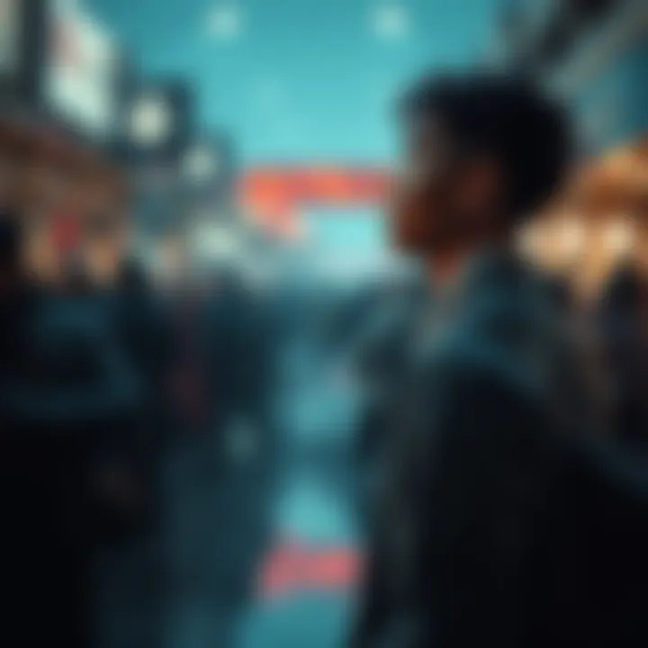 A person standing quietly in a crowded place, observing their surroundings with a thoughtful expression, surrounded by various elements reflecting hidden influences like shadows and soft lights.