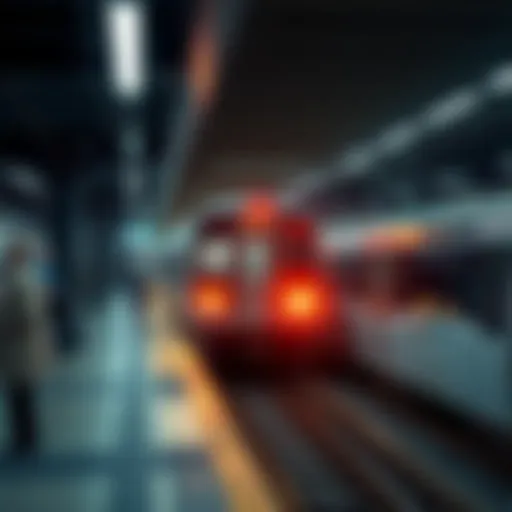 A subway train arriving at a busy city station with passengers waiting to board.
