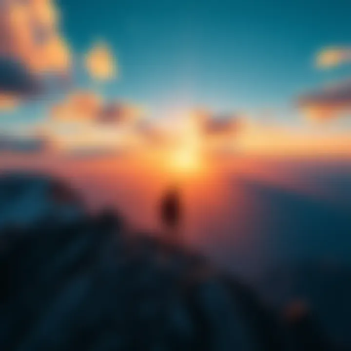 Success Strategies A person climbing a mountain, symbolizing the journey to success with a sunrise in the background.