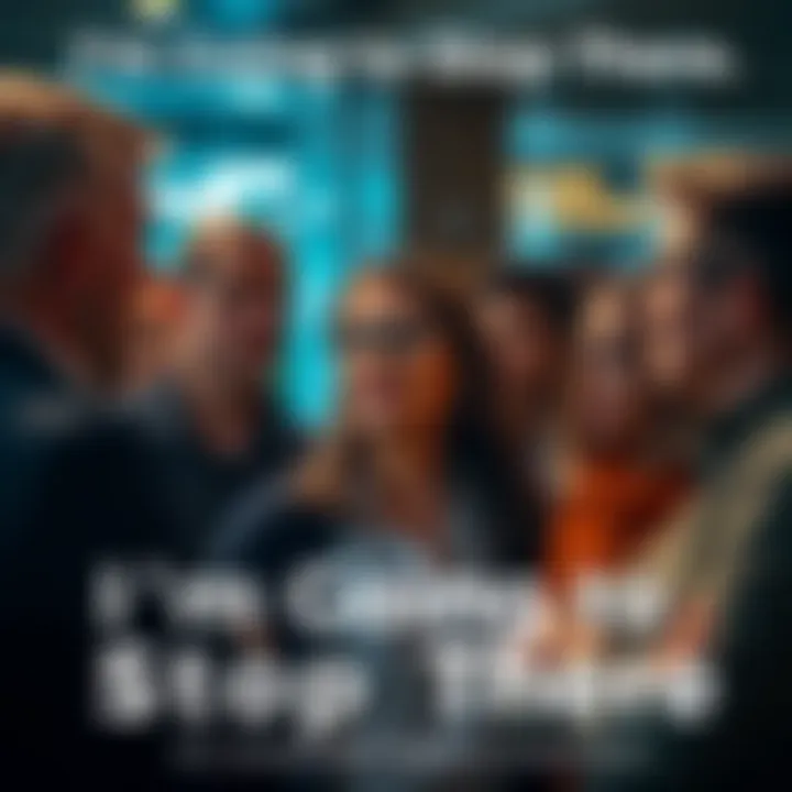 A group of people in conversation, with one person suddenly stopping while others look surprised.