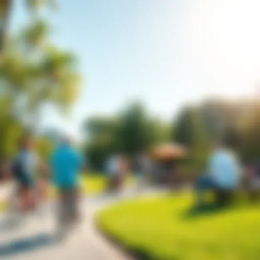 People enjoying outdoor activities like cycling and picnicking in a sunny park