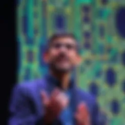 Google CEO Sundar Pichai speaking at a tech event about quantum computing and its future impact on industries