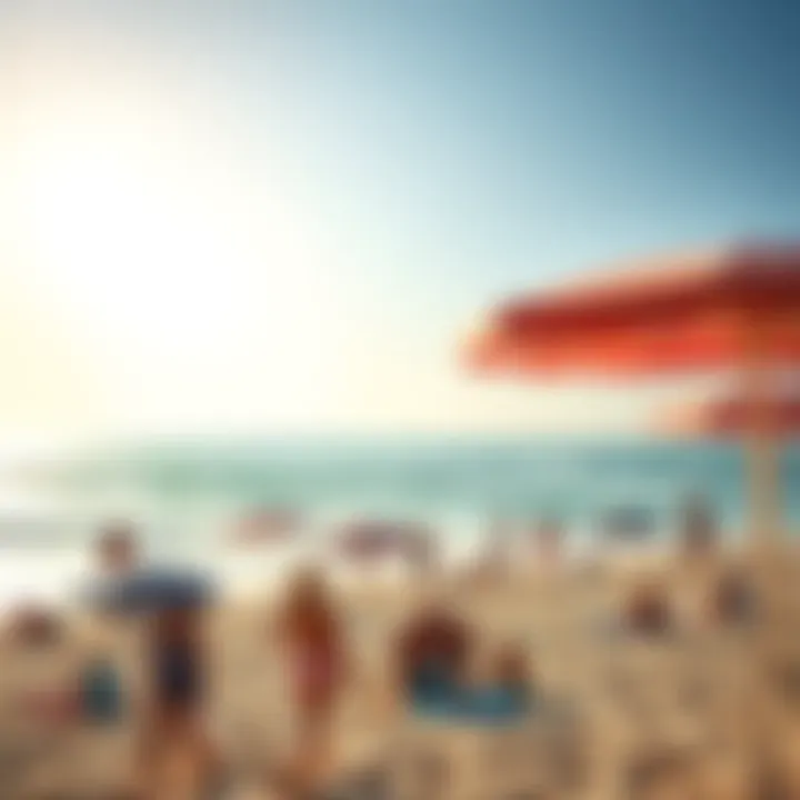 People enjoying the sun and waves at the beach with umbrellas and towels around