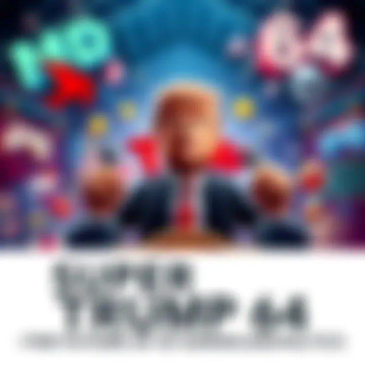 A colorful depiction of a video game cover featuring a character resembling a politician in a vibrant setting, surrounded by gaming elements and political symbols.