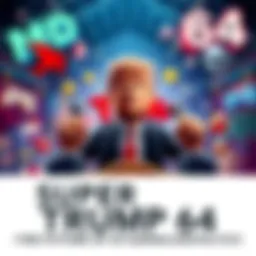 Super Trump 64 Game Cover A colorful depiction of a video game cover featuring a character resembling a politician in a vibrant setting, surrounded by gaming elements and political symbols.