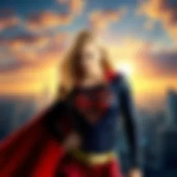 Poster featuring Supergirl in her superhero costume, looking determined against a city skyline background.