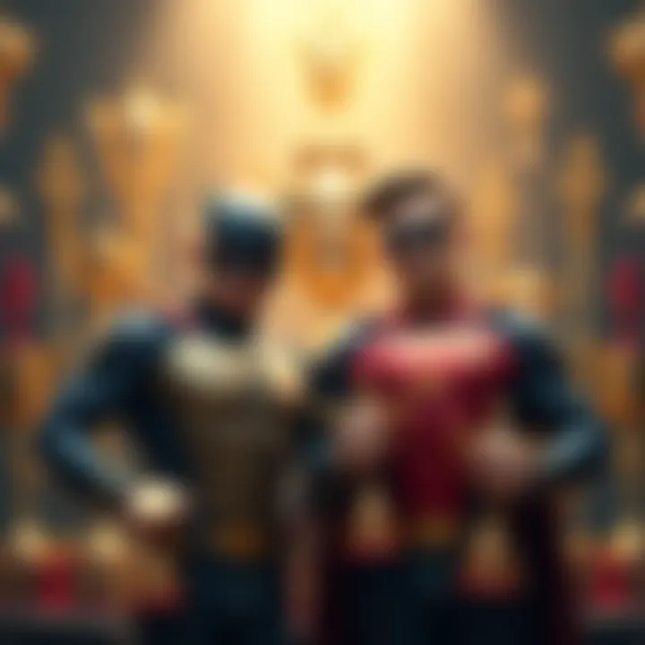 Two superhero brothers proudly standing in front of their trophy collection, showcasing their achievements in heroics.