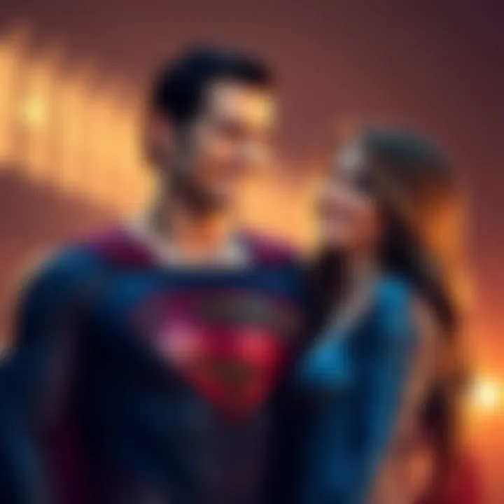 Superman in his iconic suit stands close to Lois Lane, both smiling as they share a moment, symbolizing their strong bond and love.
