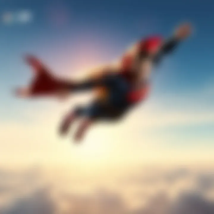 Superman soaring through the sky with cape flowing behind him