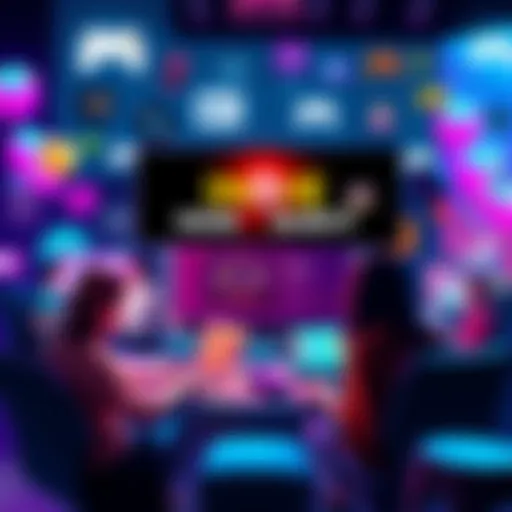 A group of people gathering online to discuss and support indie game developers with monthly contributions, surrounded by gaming icons and visuals.