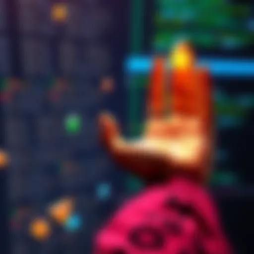 A graphic showing a person reaching out for help, with gems and a code visible in the background.