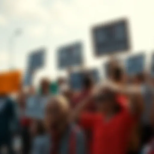 A group of people holding signs in support of billionaires and their businesses, showing their loyalty and defense of wealth.