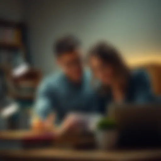 A man and woman collaborating, showcasing their teamwork and support for each other, with books and a laptop in the background.