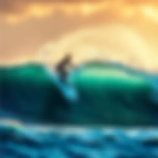 A surfer expertly riding a big wave in the ocean, showcasing their skills and balance on the board.