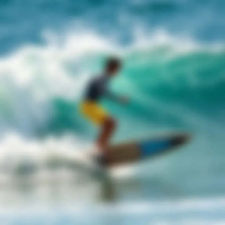 A surfer skillfully noseriding on a longboard, standing tall with waves in the background