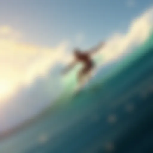 A surfer performing a noseride on a longboard, gliding over pixelated waves in a surf simulation game.