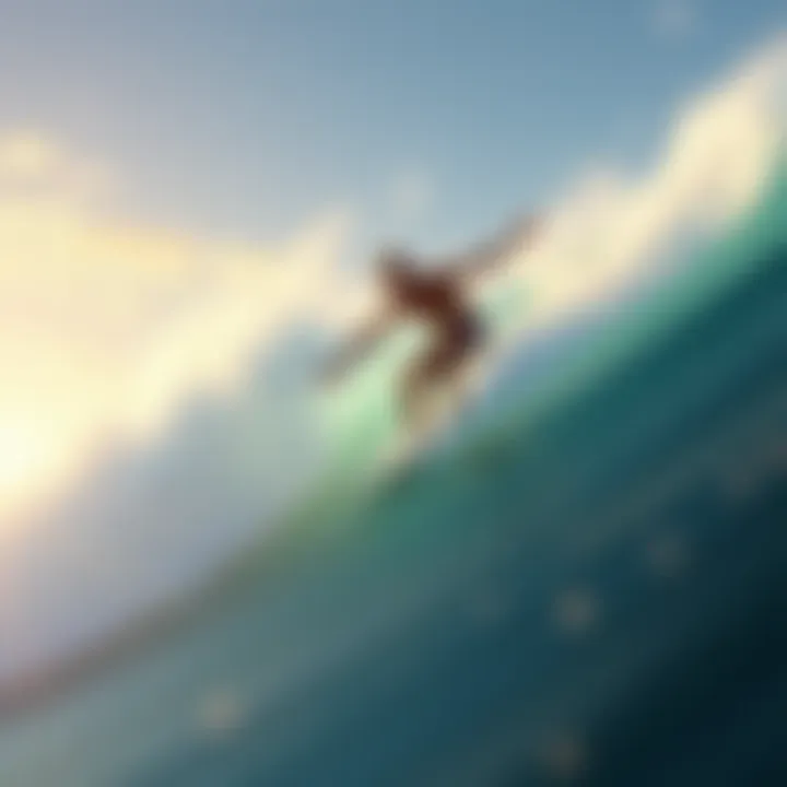 A surfer performing a noseride on a longboard, gliding over pixelated waves in a surf simulation game.
