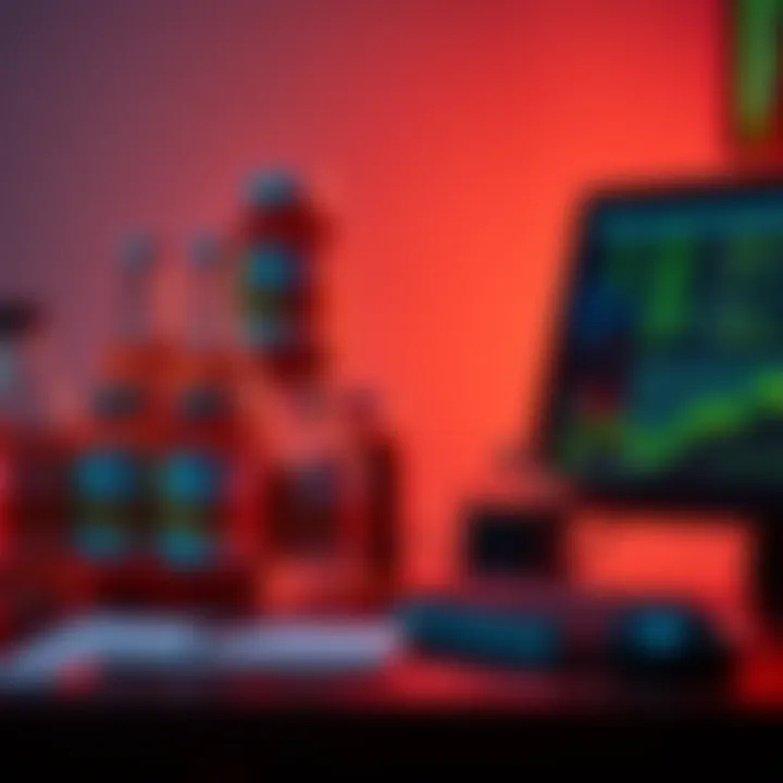 Bottles of PFAS chemicals stacked beside a computer, illustrating the connection to the AI industry