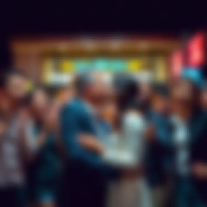 A couple shares a surprising kiss while bystanders react with various emotions, showing excitement and shock.