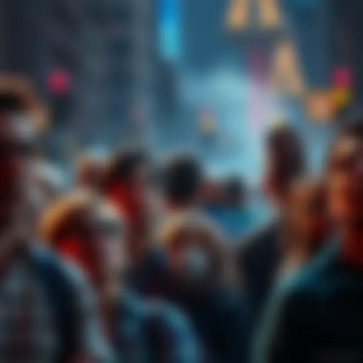 A diverse group of people staring in astonishment at an unexpected scene unfolding in front of them.