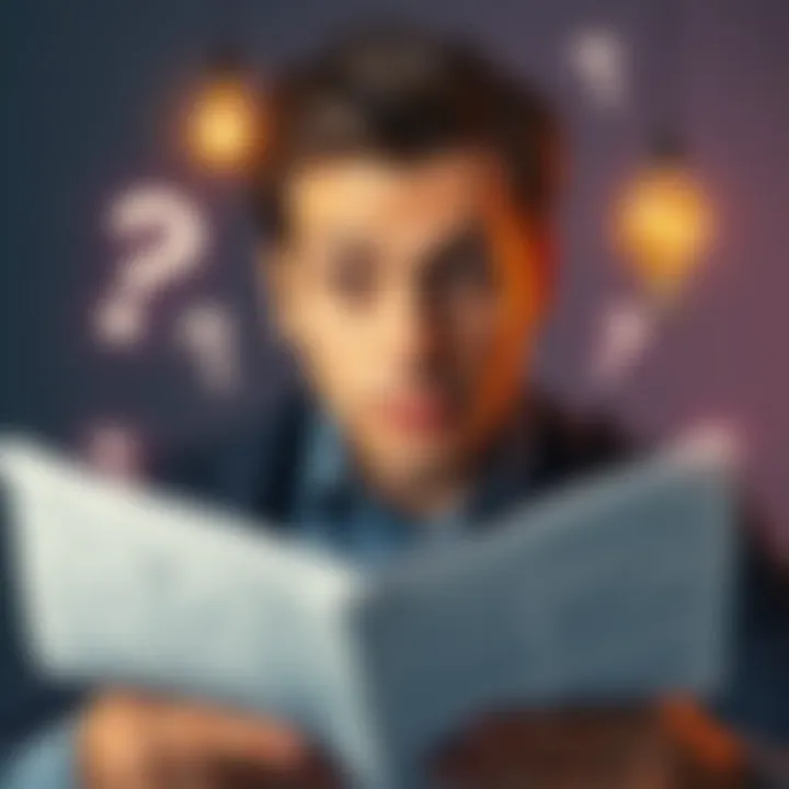 A person looking surprised while reading a document with questions and lightbulbs around them, symbolizing unexpected insights.