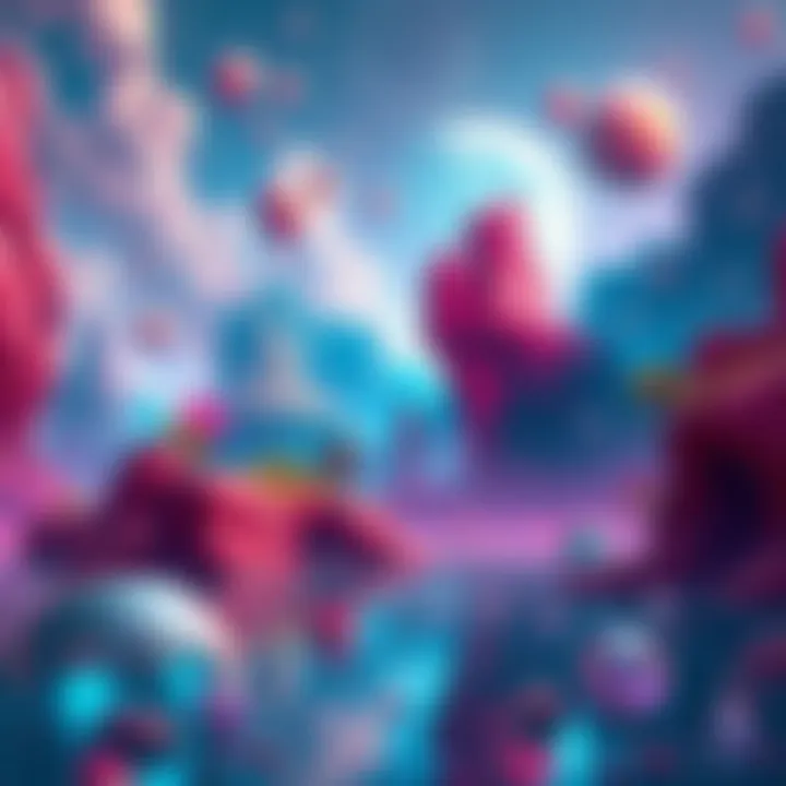 A colorful surreal dream world showcasing vibrant landscapes and floating elements without destruction, representing a unique shooter experience.