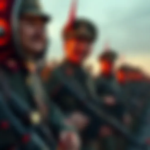 Surreal Soviet Military Scene A bizarre portrayal of soldiers in unexpected and humorous situations, highlighting the absurdity of Soviet military life, with exaggerated expressions and vivid colors.