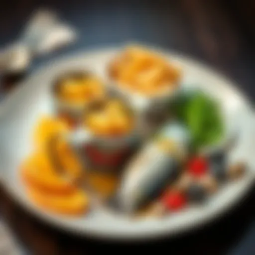 A plate featuring opened cans of surströmming, showing the fermented fish and its strong aroma, with a side of traditional Swedish accompaniments