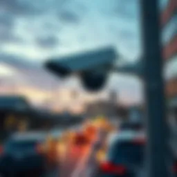 A surveillance camera mounted on a pole, watching over cars on a busy street, highlighting privacy concerns.